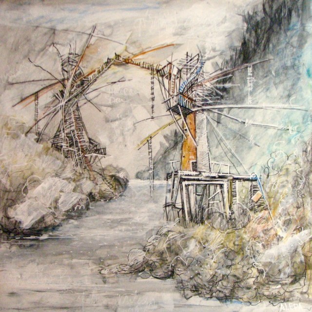 Dark Harbour Span Concept looking North, Mixed Media 12"x12", by Aleda O'Connor