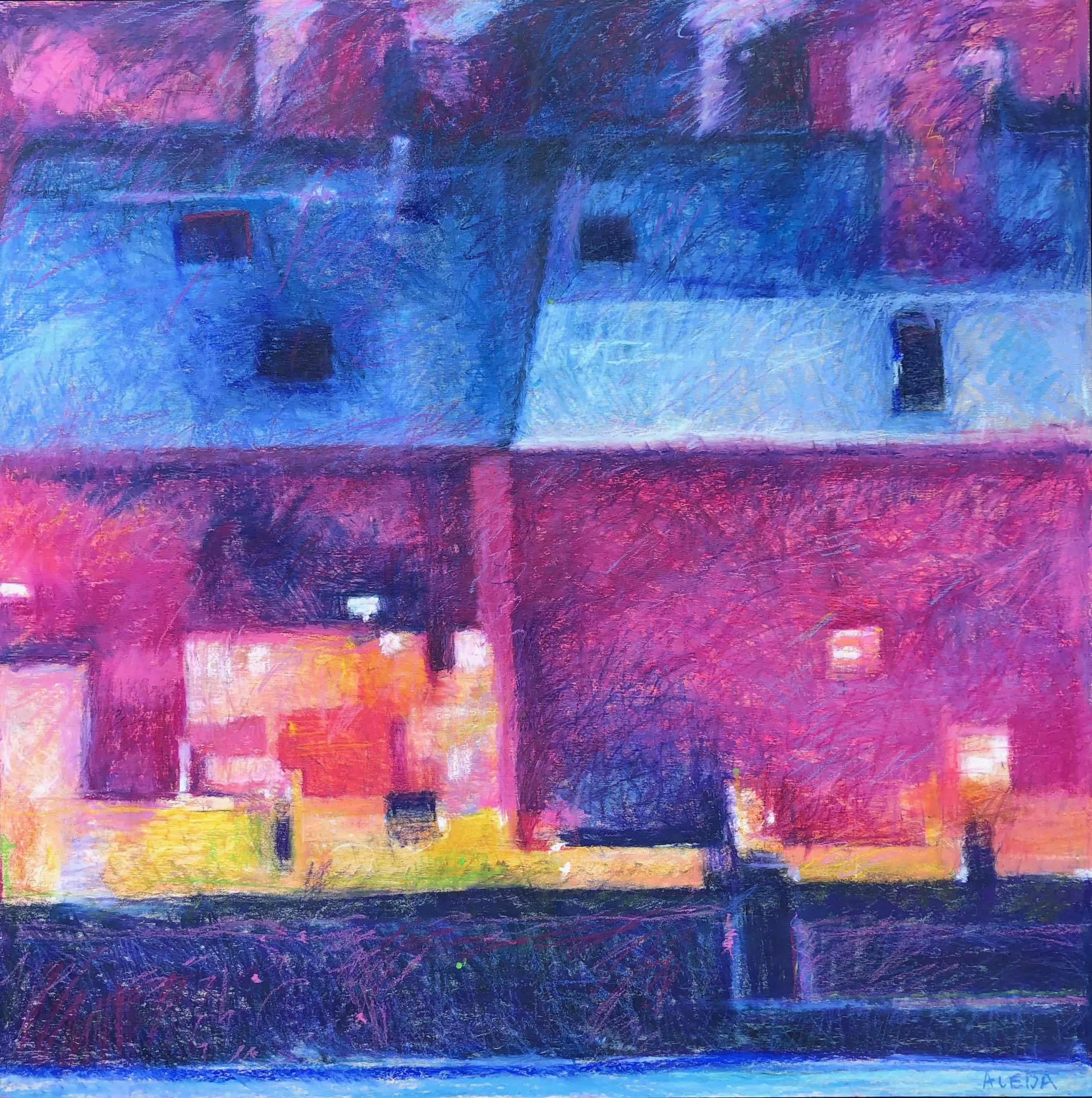 Night Mill Hamilton by Aleda O'Connor oil pastel, hamilton harbour steel mill