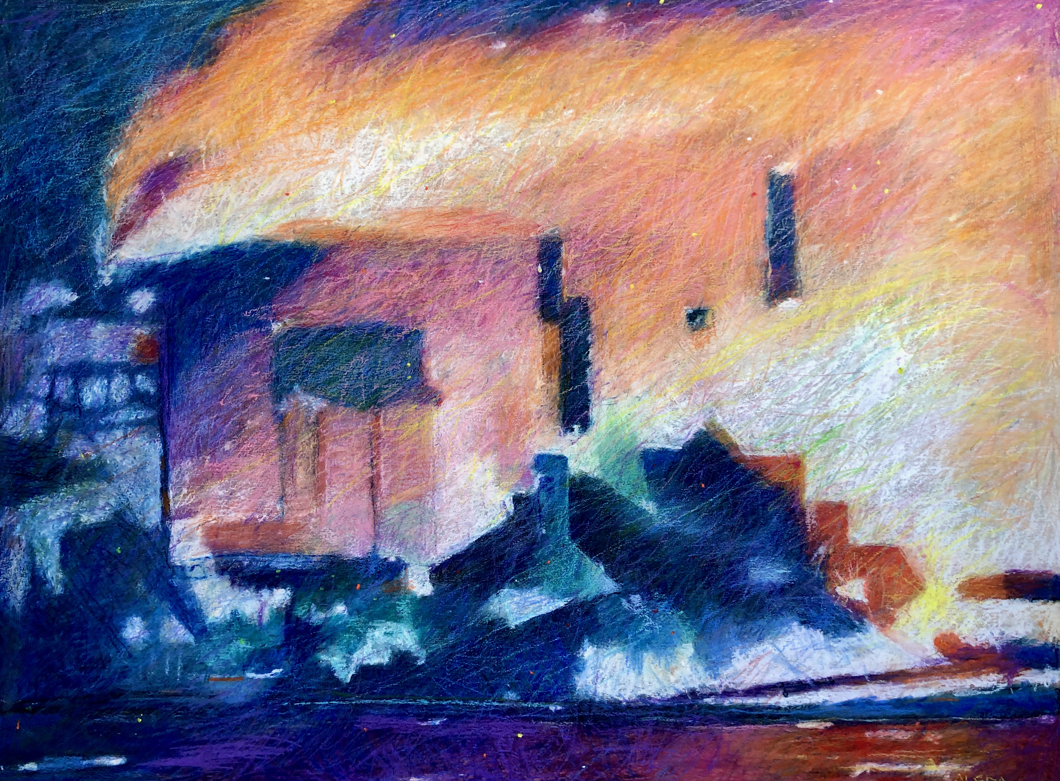 Night Mill Bay View 30x36" oil pastel by Aleda O'Connor