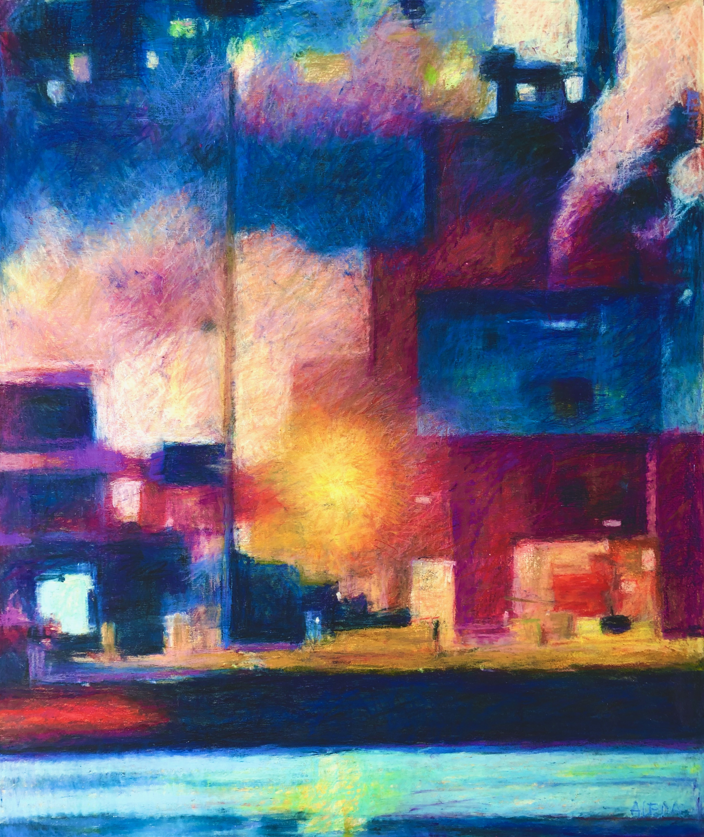 Water's Edge, Night Mill, 36x30" oil pastel by Aleda O'Connor