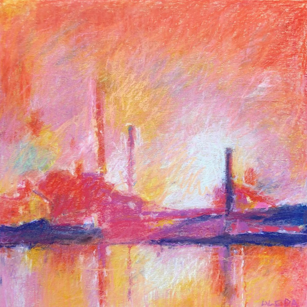 Night Mill Glow 12x12" oil pastel by Aleda OConnor