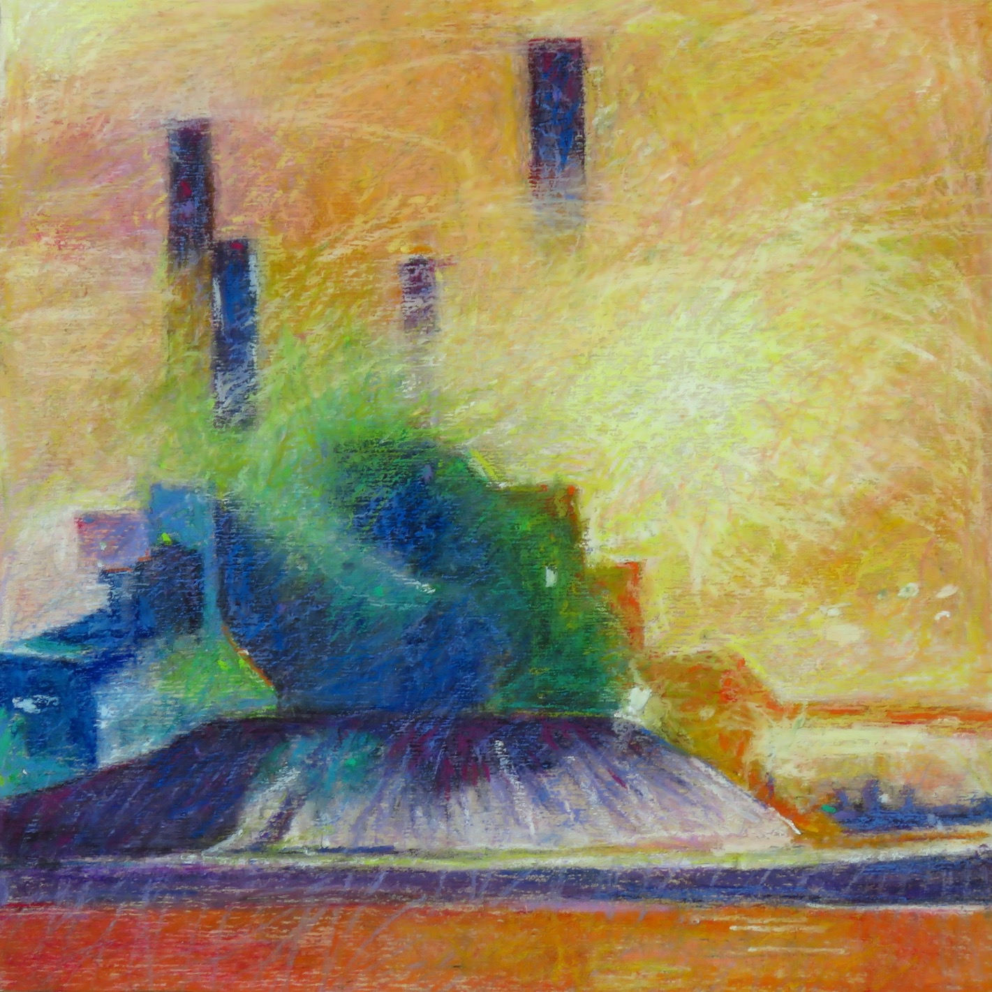 Night Mill Orange 12x12" oil pastel by Aleda O'Connor SOLD