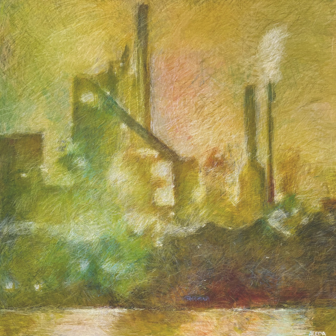 Industrial Landscape of steel mills at night. Green and yellow hues.
